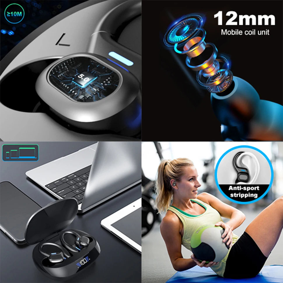 Sports wireless earhook earbuds close-up with driver coil details, dark black