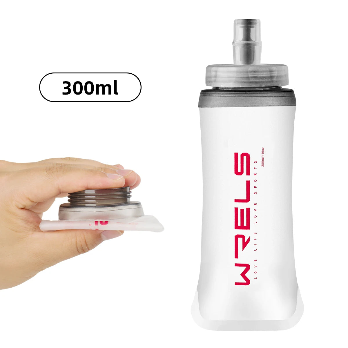 Collapsible soft flask with screw cap, frosted translucent body, red logo; 300ml size
