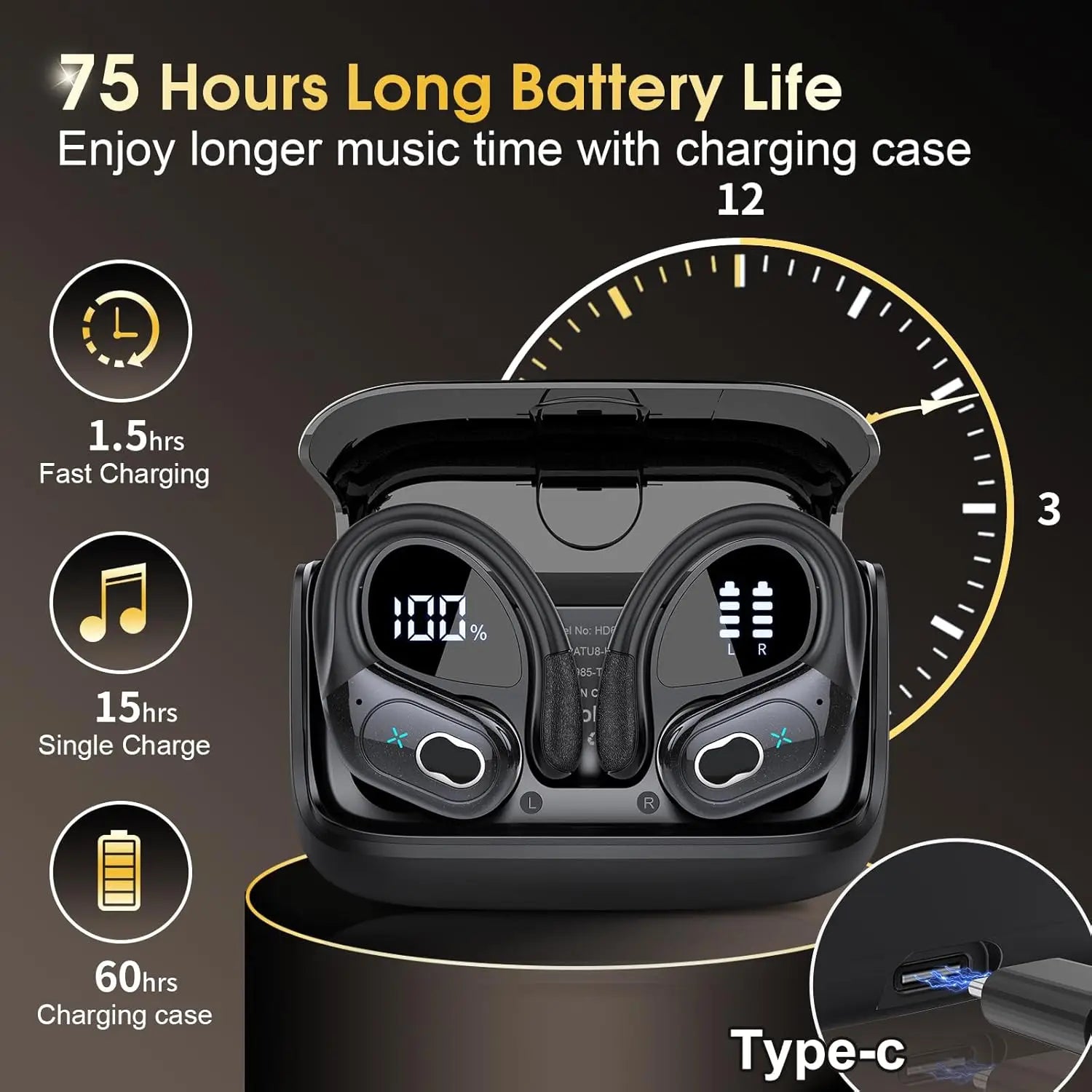 Charging case with black earbuds and battery life indicator diagram