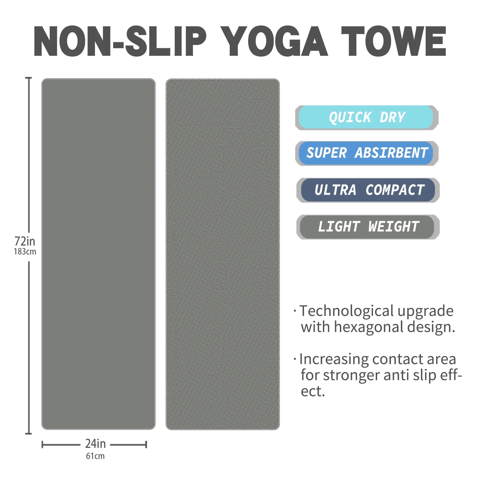 Premium Cedar & Moore non-slip yoga towel, 183x61cm microfiber mat with silicone grip; two grey mats shown
