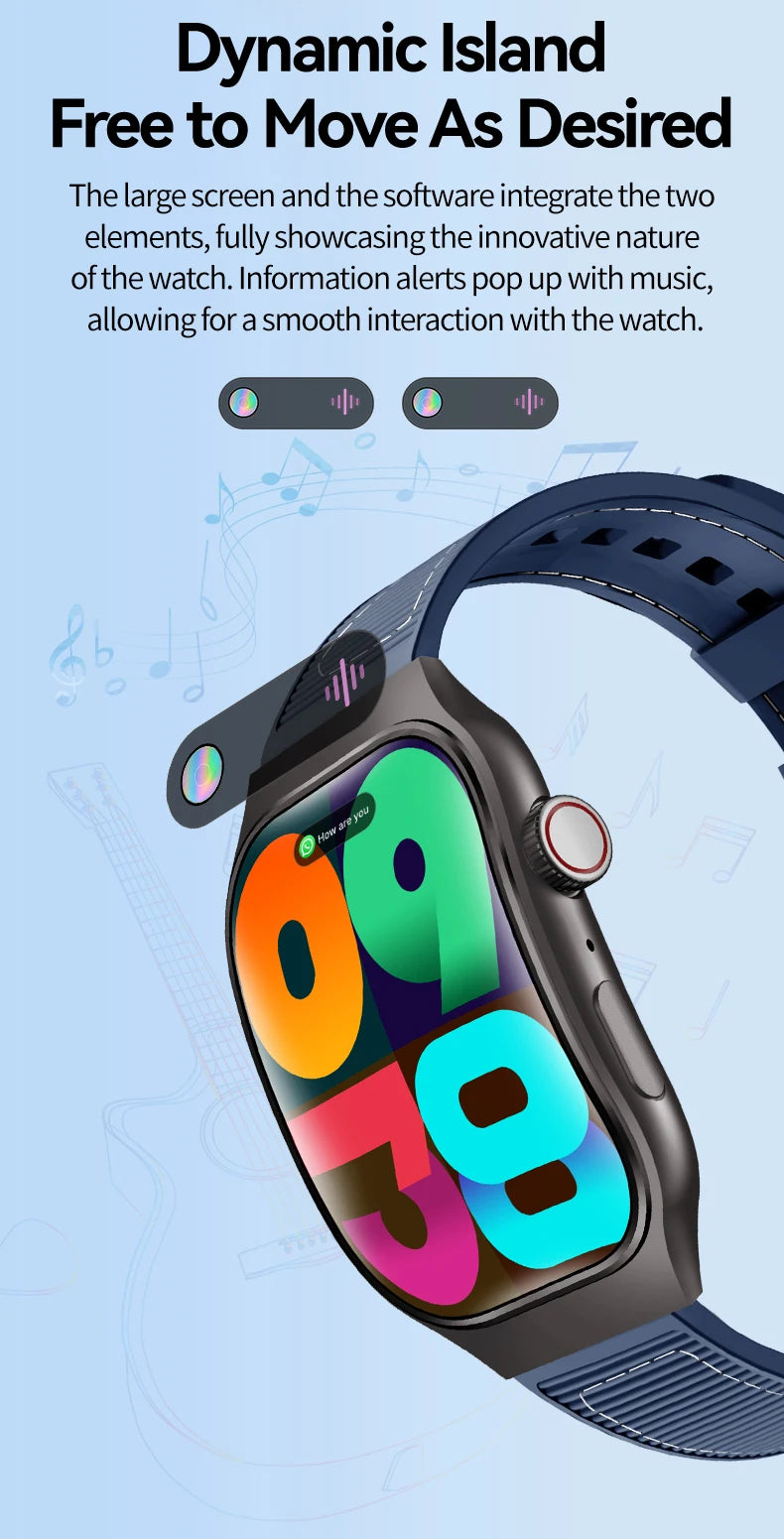 LAXASFIT H7 smart watch with blue strap and 2.01-inch curved AMOLED display