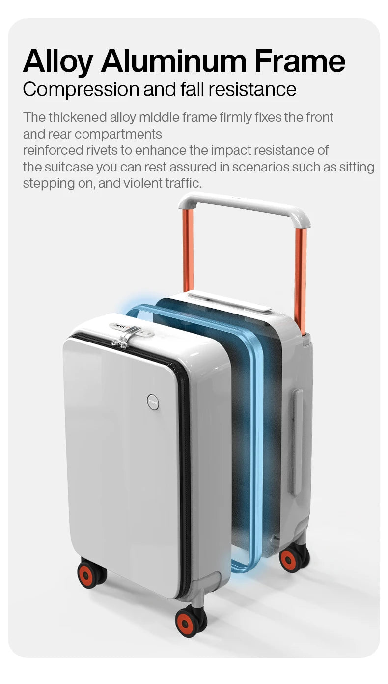 Carry-on trolley suitcase with aluminum frame, blue compression panel detail and wheels