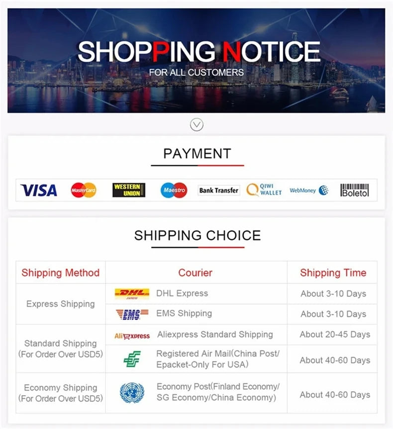 Shipping and payment notice panel with payment icons and shipping methods