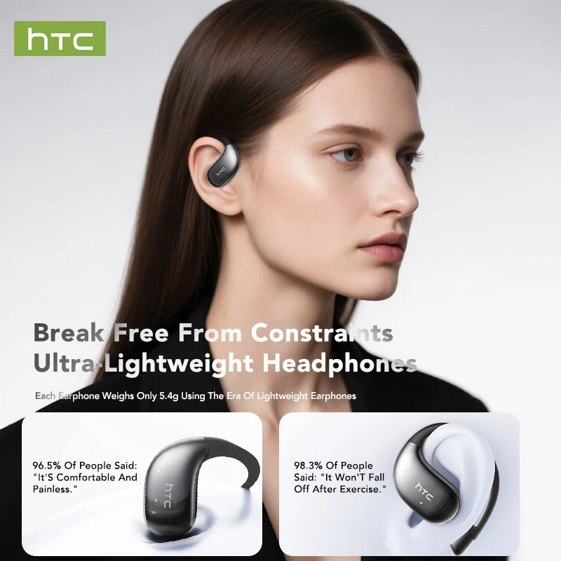 Black wireless earbuds on model, slim in-ear headset for sports