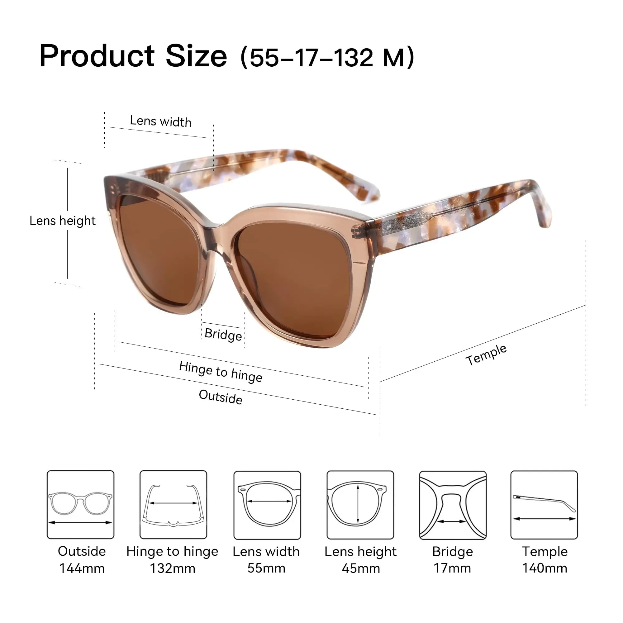 Cat-eye sunglasses on a size diagram with brown lenses and tortoise-pattern frame