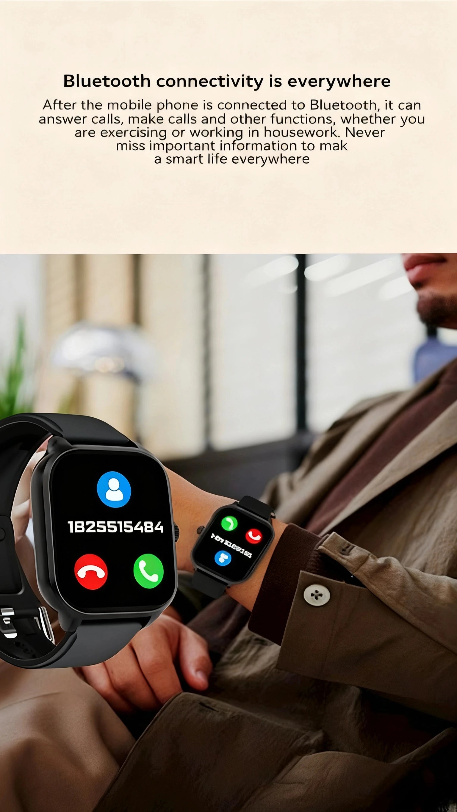 Intelligent health tracking watch held near a person, dark screen with call icons