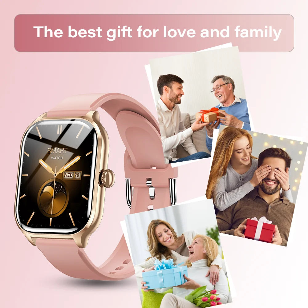 LAXASFIT H9 Pro Max Smart Watch with gold case and pink band in a gift-themed collage.