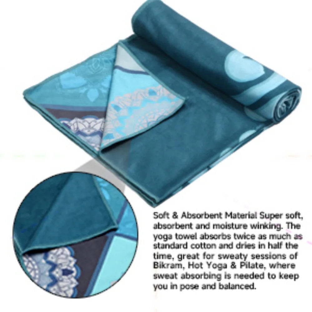 Teal yoga mat towel with tiled mandala pattern, folded