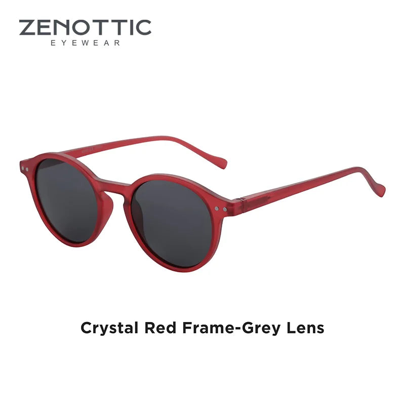 Retro small round sunglasses, dark grey lenses, crystal red frame