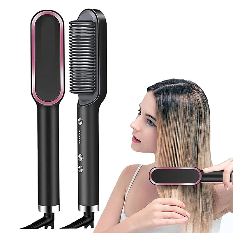 Black hot brush hair straightener comb with purple accent plate, styling a person’s hair