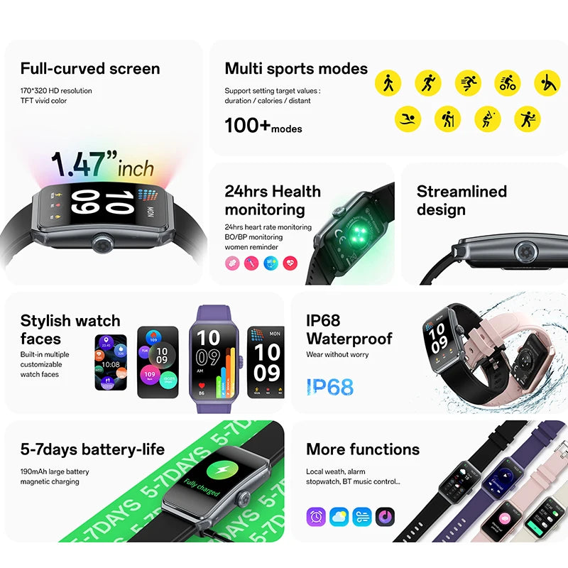 GEJIAN R11 Fashion Smart Watch - 1.47" TFT Display with Health Monitoring & IP68 Waterproof