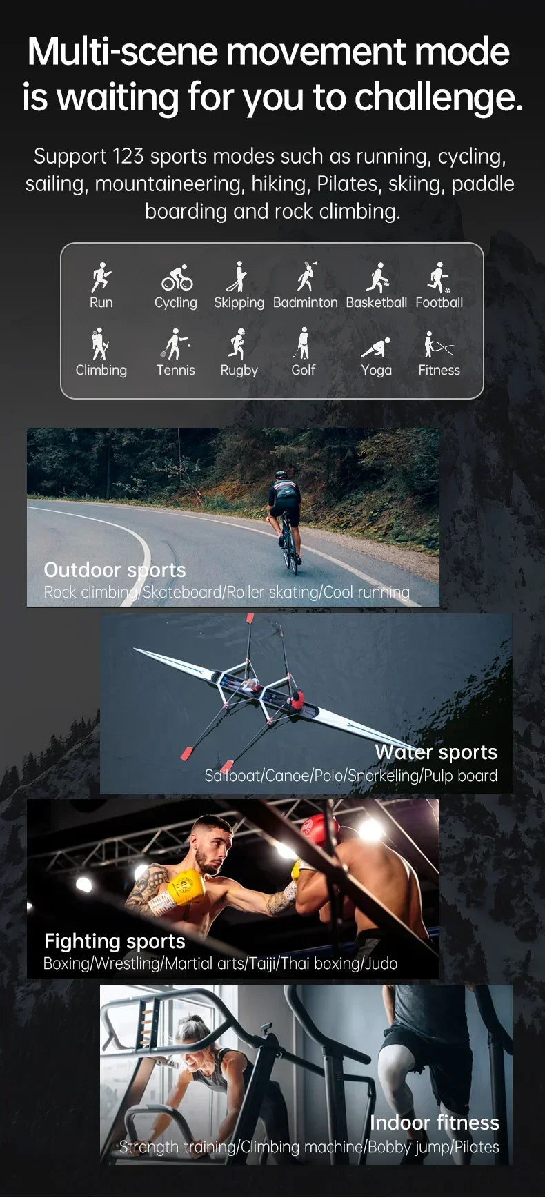 Smart watch with sport mode icons visible on screen, suited for multi-activity tracking.