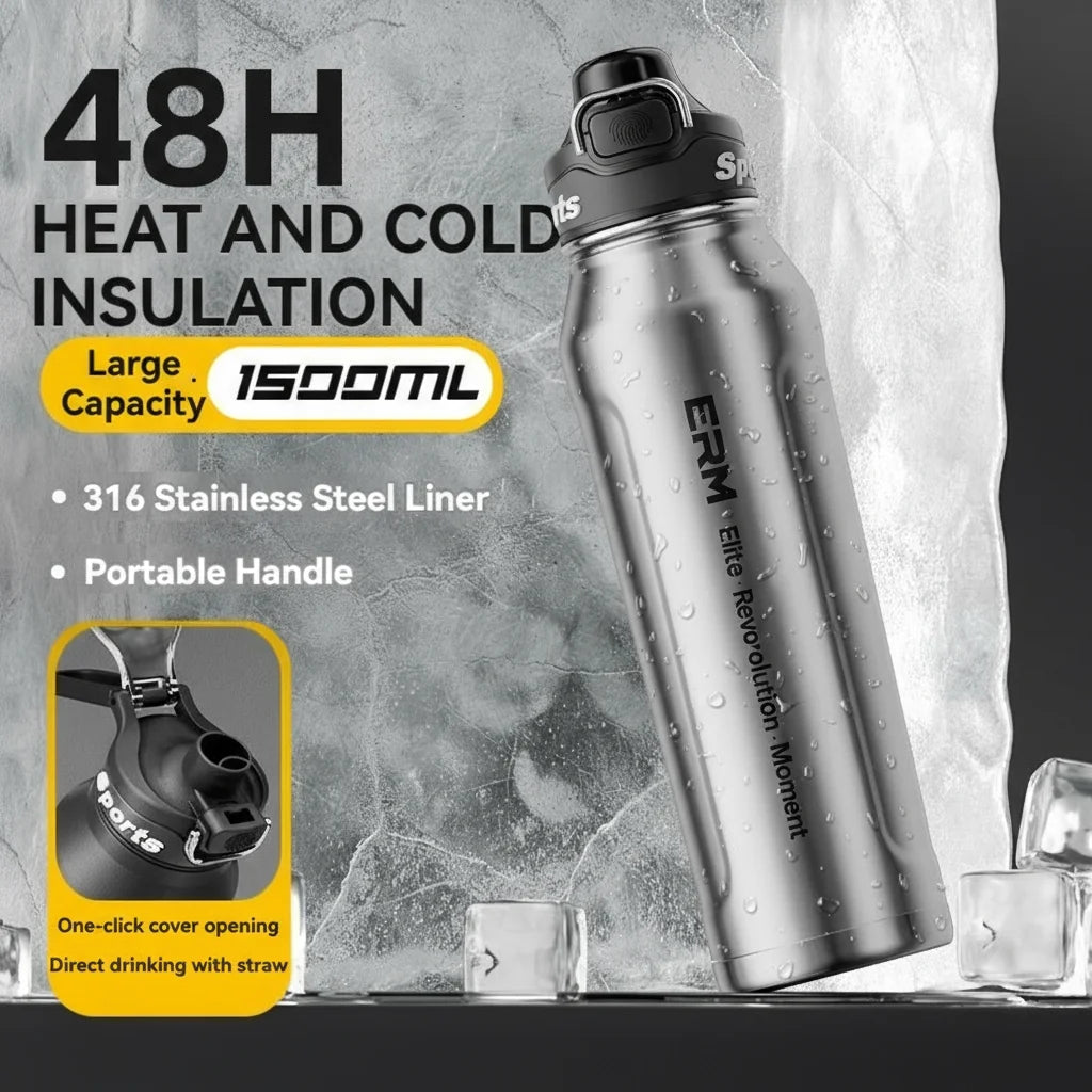 1.5L stainless steel insulated water bottle with straw lid and carry handle, silver