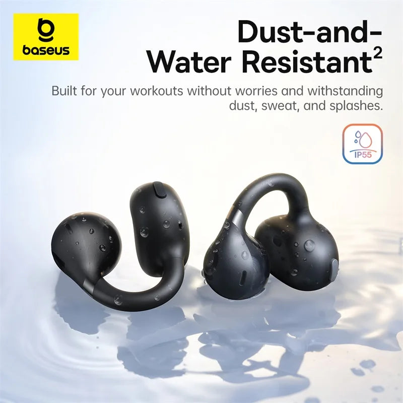 Black open-ear clip earbuds with visible water droplets on the earbuds