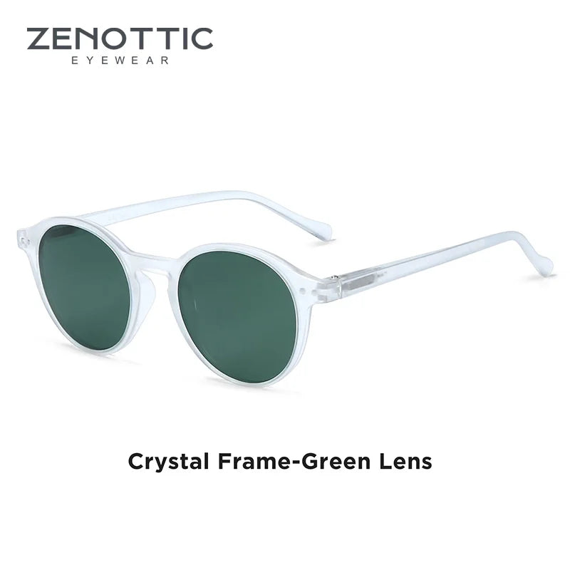 Retro small round sunglasses, green lenses, crystal frame with light arms