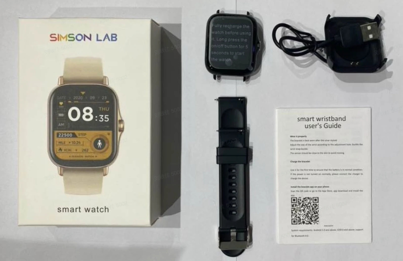 SIMSONLAB mini smart watch kit with black watch, charging cable, and user guide