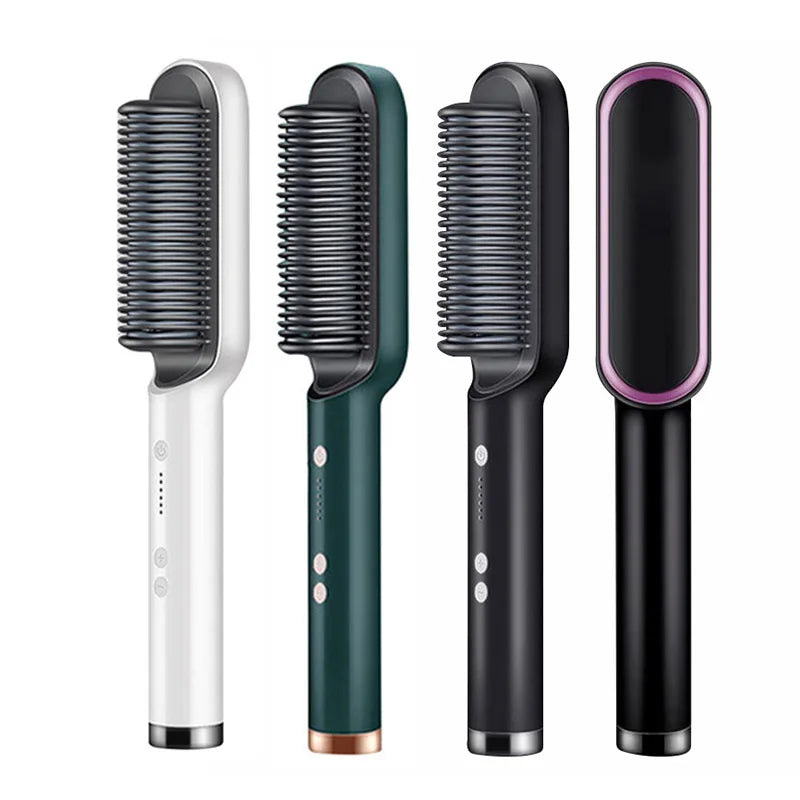 Hair smoothing hot brush straightener in white, green, black, and purple accent colors
