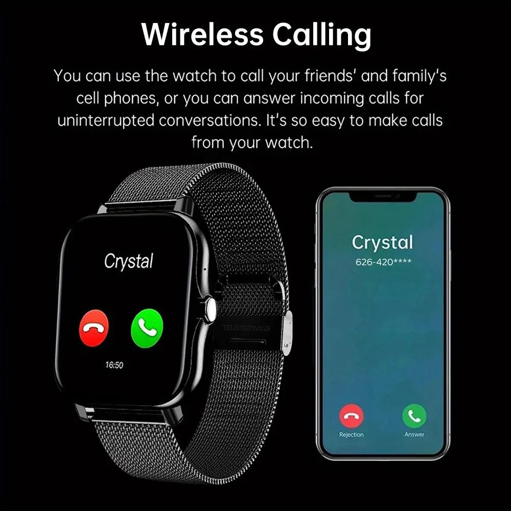 Black mini smart watch with metal mesh band, calling screen with answer and reject buttons