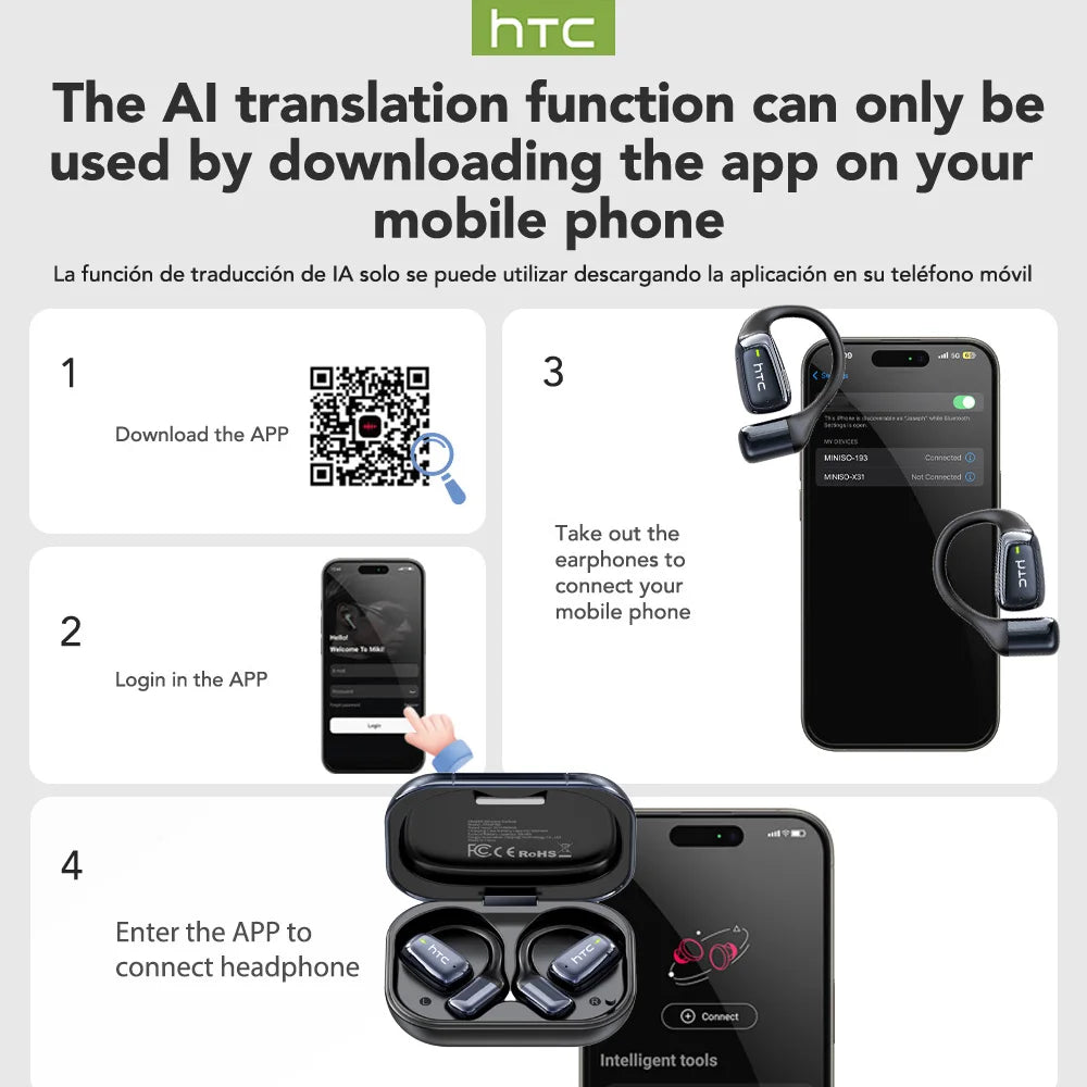 Black AI translation sports earbuds with charging case, LCD touch screen visible