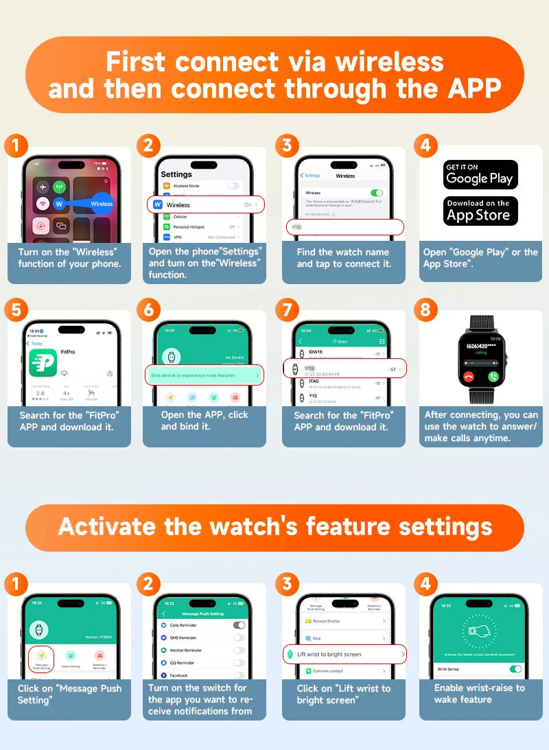 Smart watch setup shown on phone screens, with watch connected and message notification icons