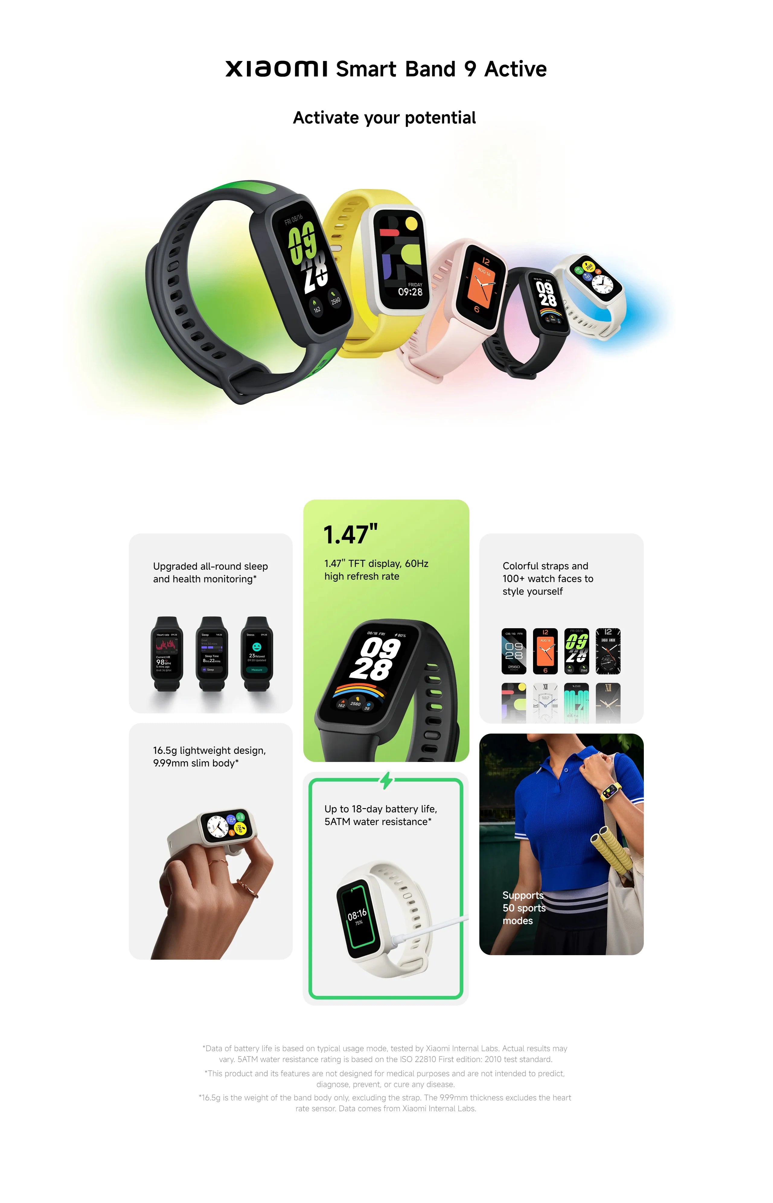 Smart Band 9 Active - 1.47" TFT Display with 18-Day Battery & 50 Fitness Modes
