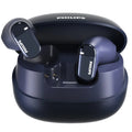 Navy wireless earbuds in charging case, one earbud partially seated