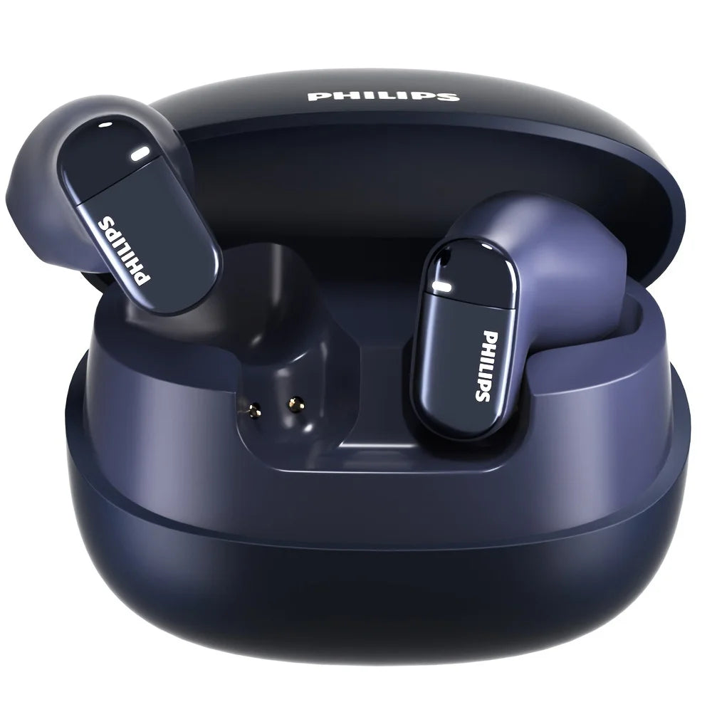 Navy wireless earbuds in charging case, one earbud partially seated