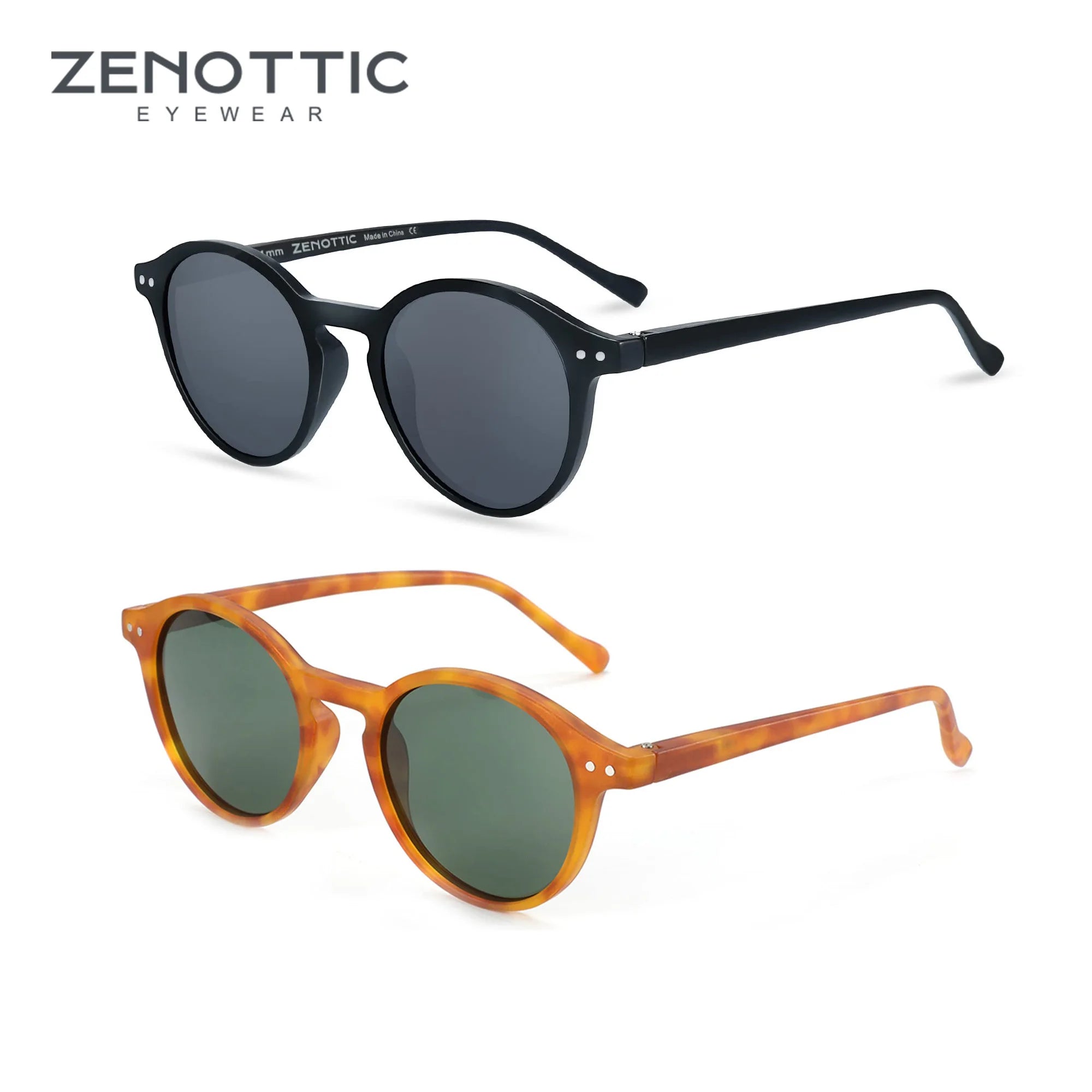 Retro small round sunglasses, dark lenses, matte black frame with thin arms