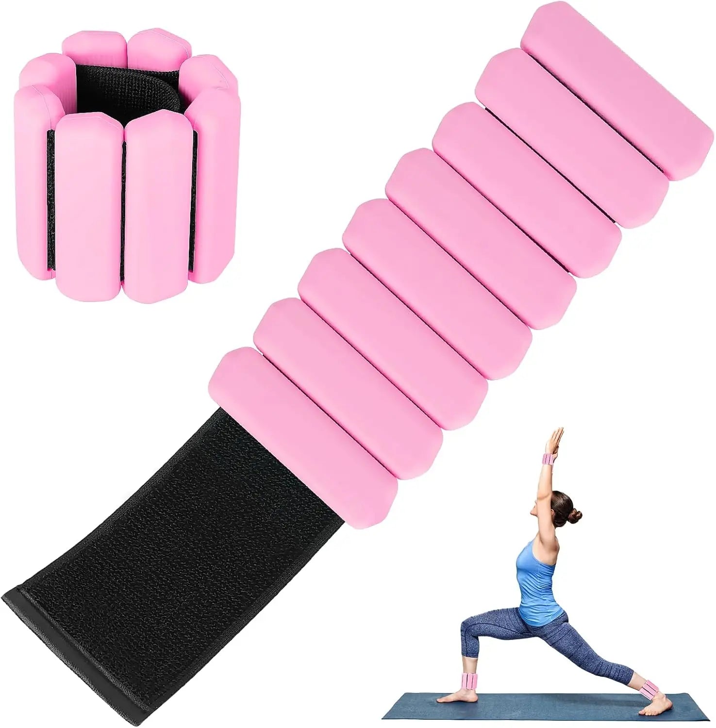 Adjustable wearable arm and leg weights set in pink, padded strips and cinch bands