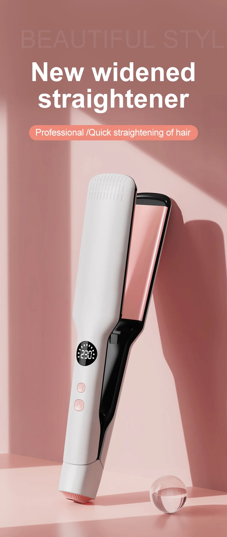 Professional Hair Straightener - Coated Wide Plates with 60W Fast Heating & PTC Technology