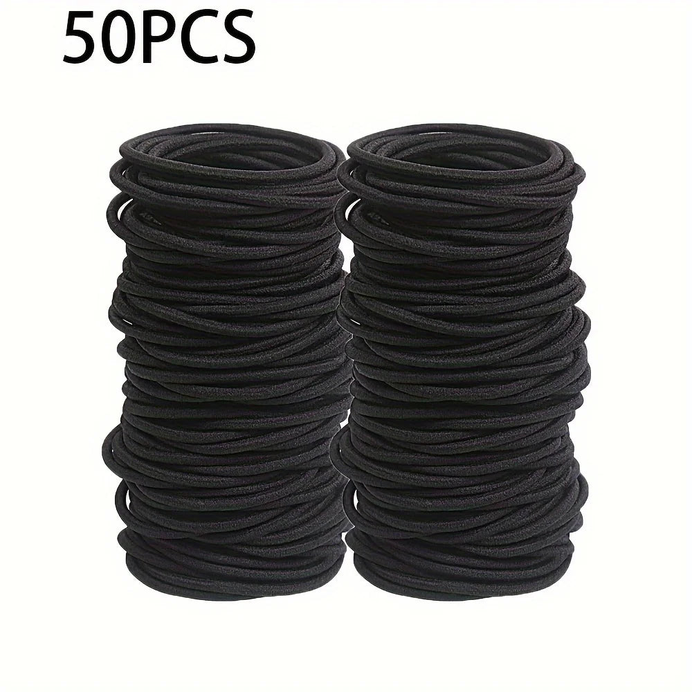 50/100pcs 3mm Black Small Elastic Hair Ties - Ponytail Holders for Thick & Curly Hair
