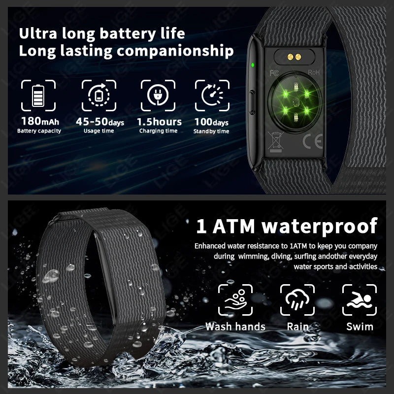 Black fitness smart bracelet with textured band and water-resistant design details.