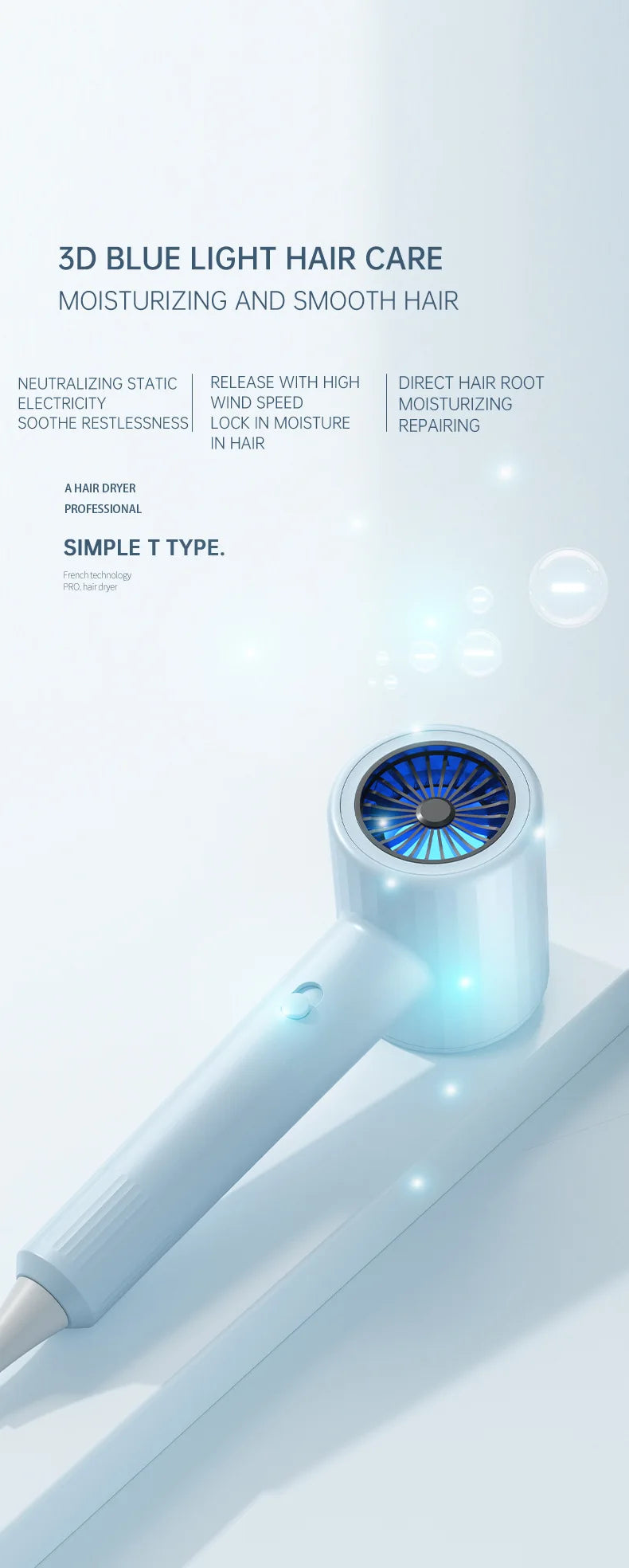 Light blue electric hair dryer with blue-lit ring vent and nozzle