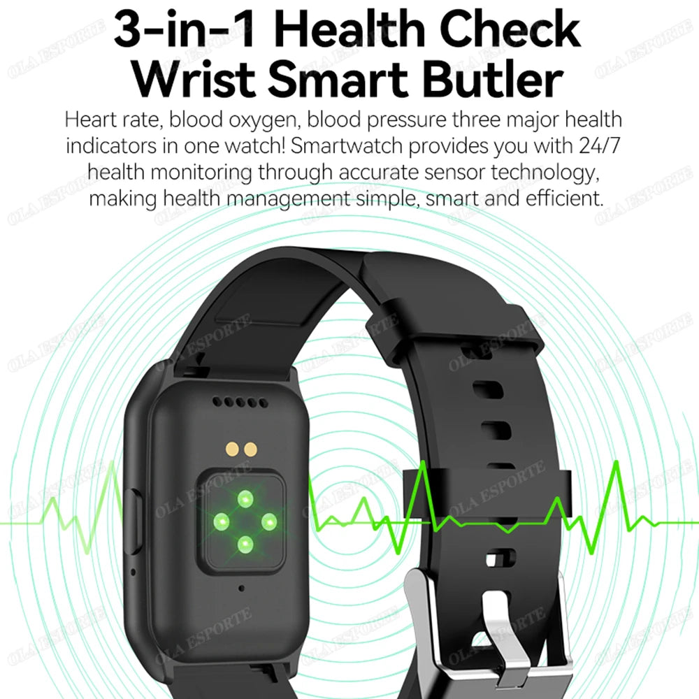 Black smart watch with health check display and ECG pulse graphic