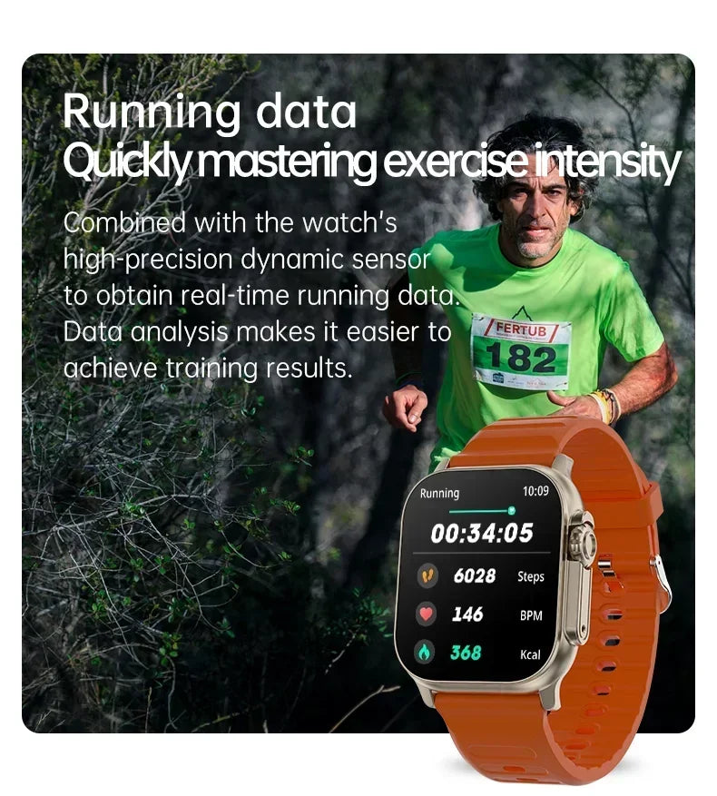 Smart watch with orange silicone strap, showing steps and heart rate readings.