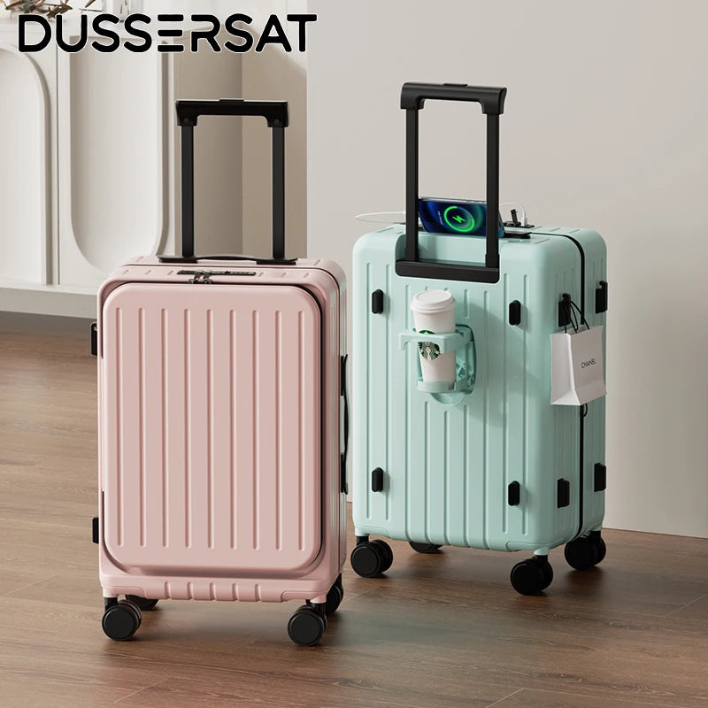 Front-opening hard-shell rolling suitcase in pink and mint green, upright with wheels