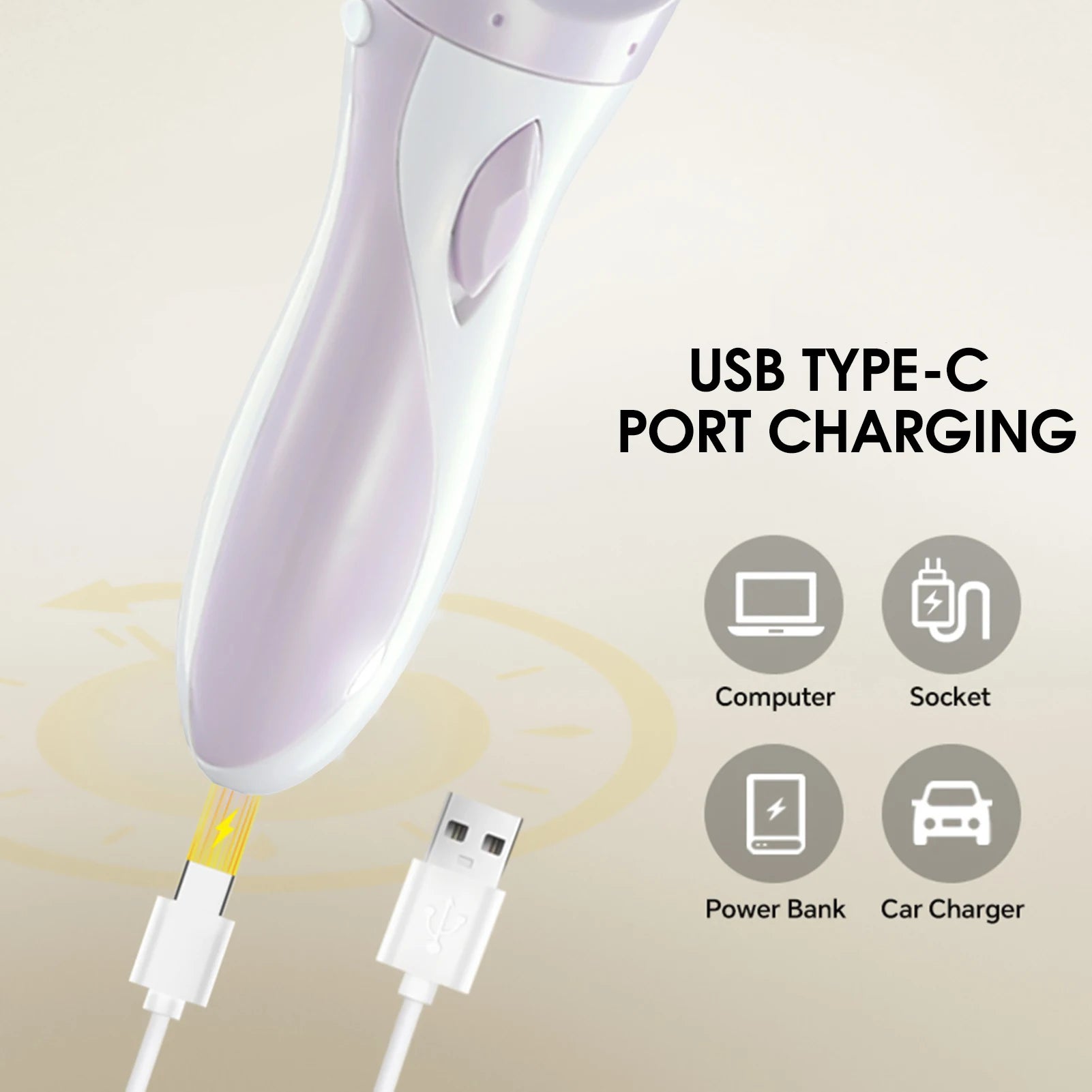 Rechargeable epilator in light purple with USB charging cable and metal shaving head