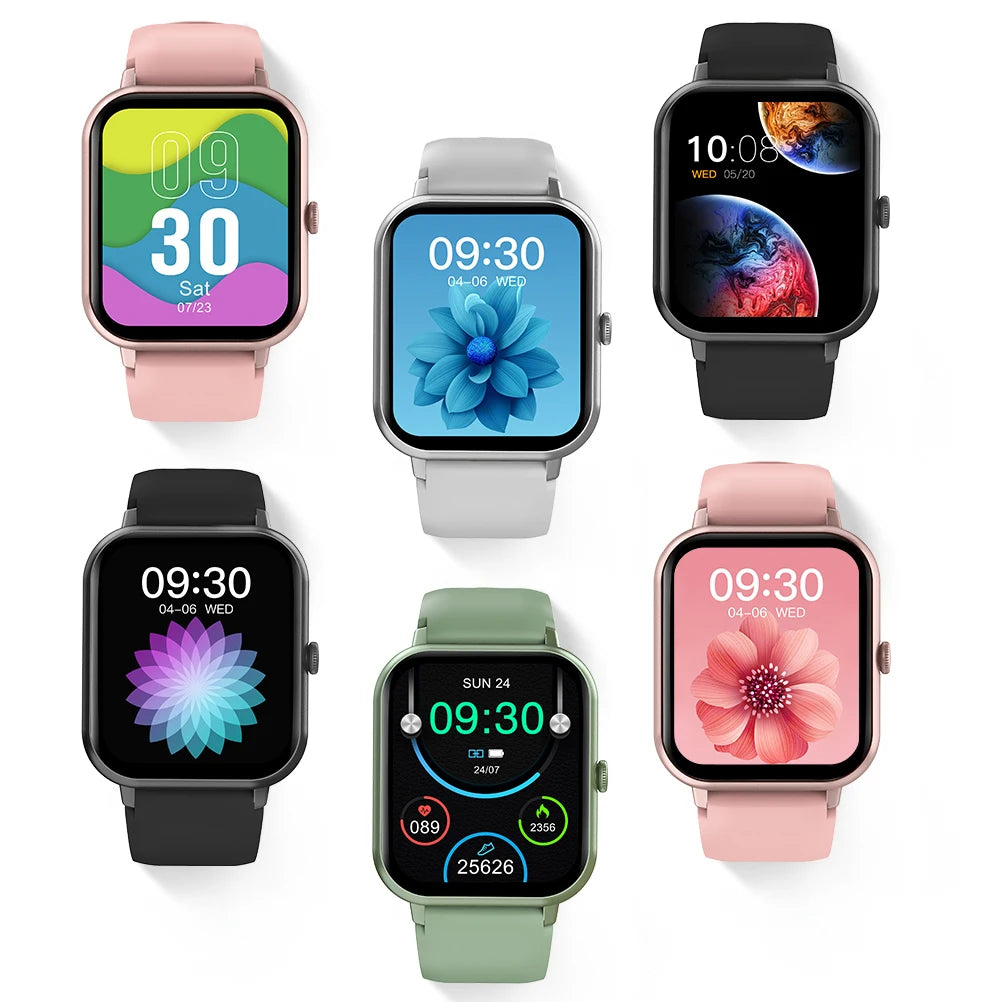 Digital smartwatches with pink, white, black, and green straps, floral watch faces