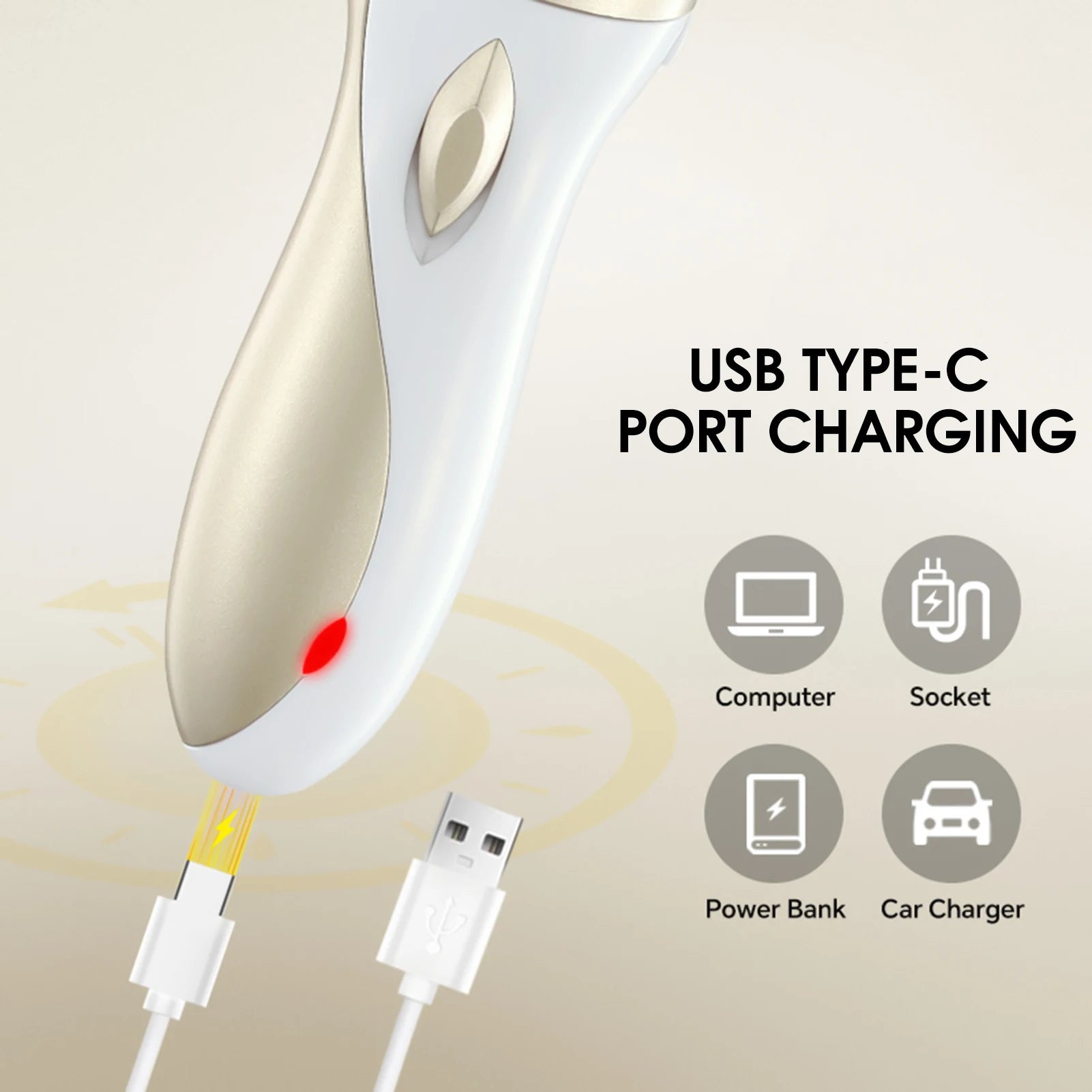 Rechargeable epilator close-up with USB Type-C charging cable and metal shaver head
