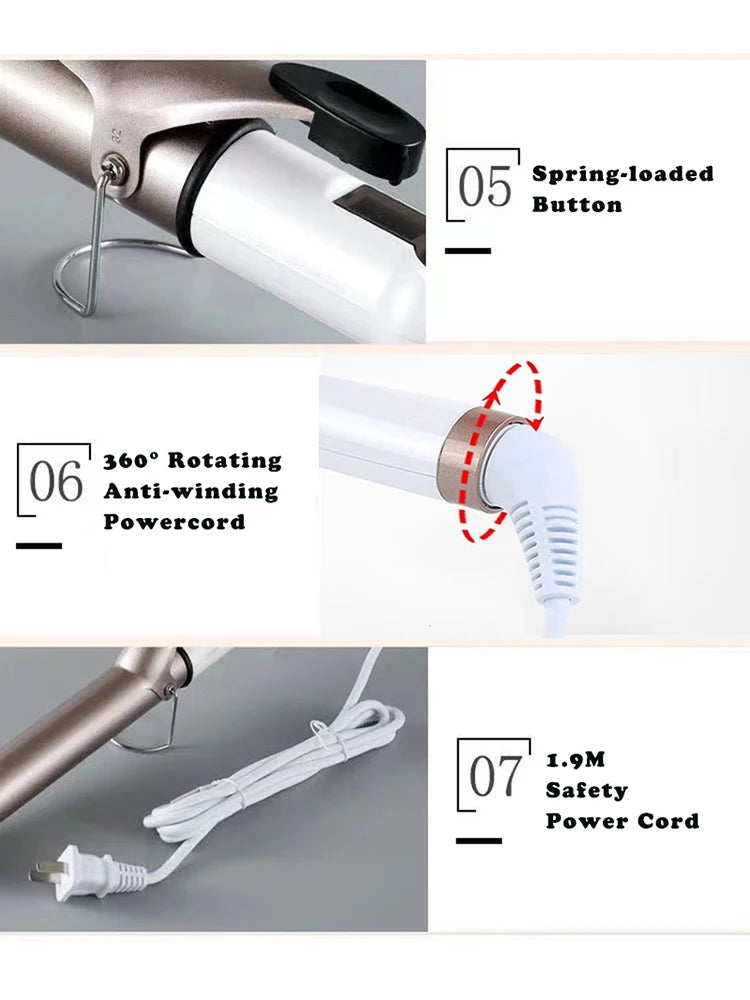 Professional Ceramic Hair Wave Curling Wand - LCD Display Curling Iron for Waves & Curls