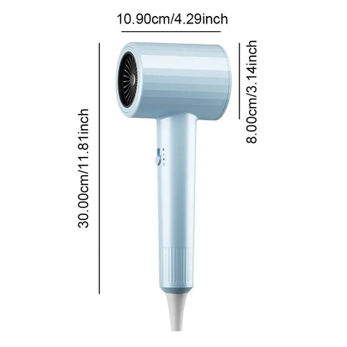 Light blue hair dryer with concentrator nozzle, side view and vented intake