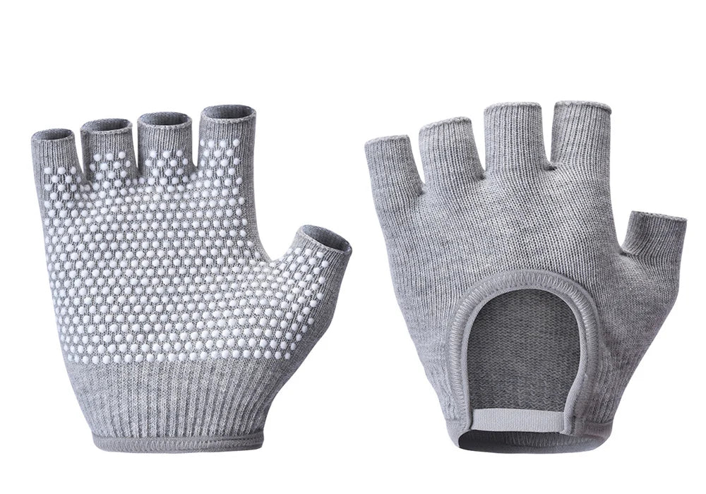 Gray half-finger gloves with white dotted anti-slip palm and open thumb