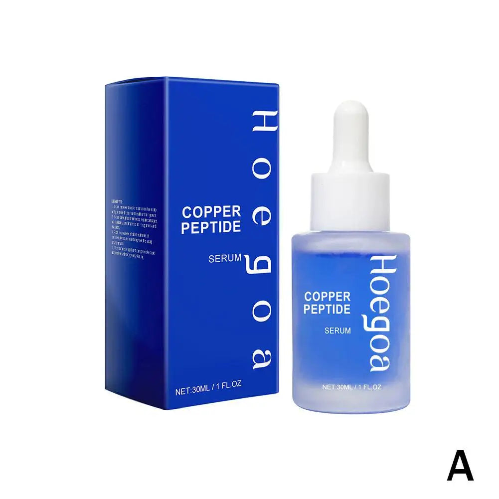 Copper peptide serum bottle and blue box with white dropper cap
