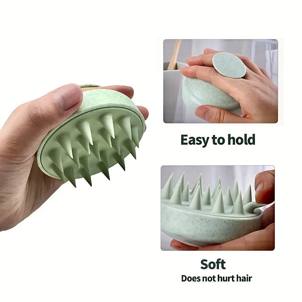 Silicone shampoo scalp brush in hand, light green round prong massage head