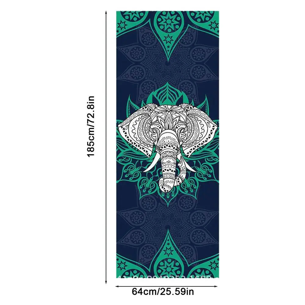 Cedar & Moore mat-sized yoga towel, 185x64cm, non-slip microfiber with navy teal elephant mandala print