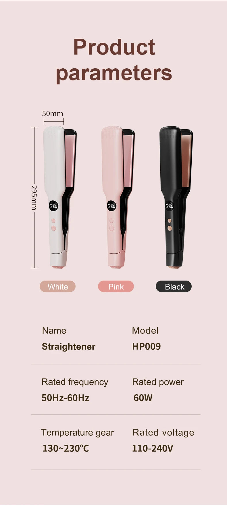Professional Hair Straightener - Coated Wide Plates with 60W Fast Heating & PTC Technology