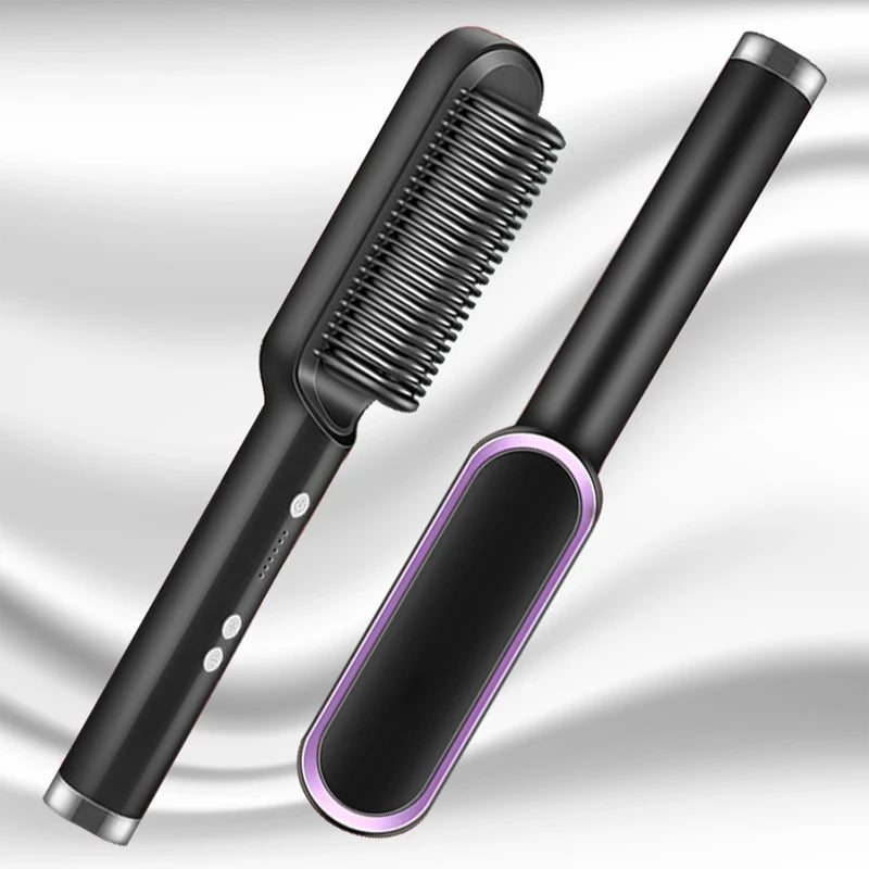 Black hot brush hair straightener comb set showing comb side and smoothing plate