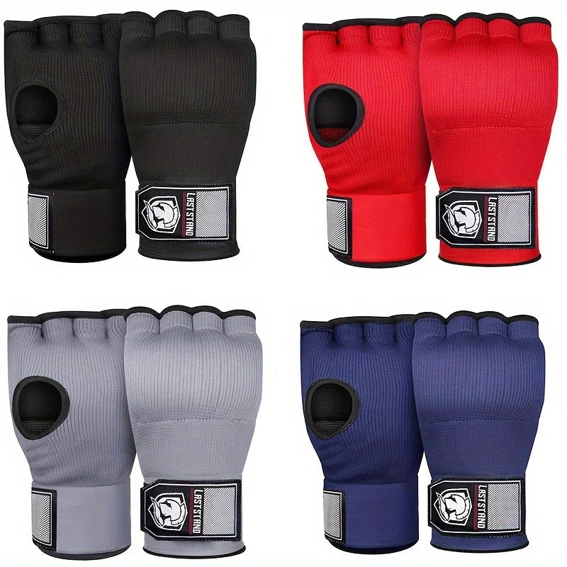 Half finger gel boxing gloves set showing black, red, gray, and blue pairs with thumb openings.