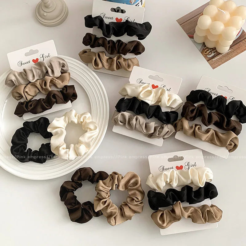 Multi Pack Elegant Satin Pleated Scrunchies - Solid Color Hair Ties for Women