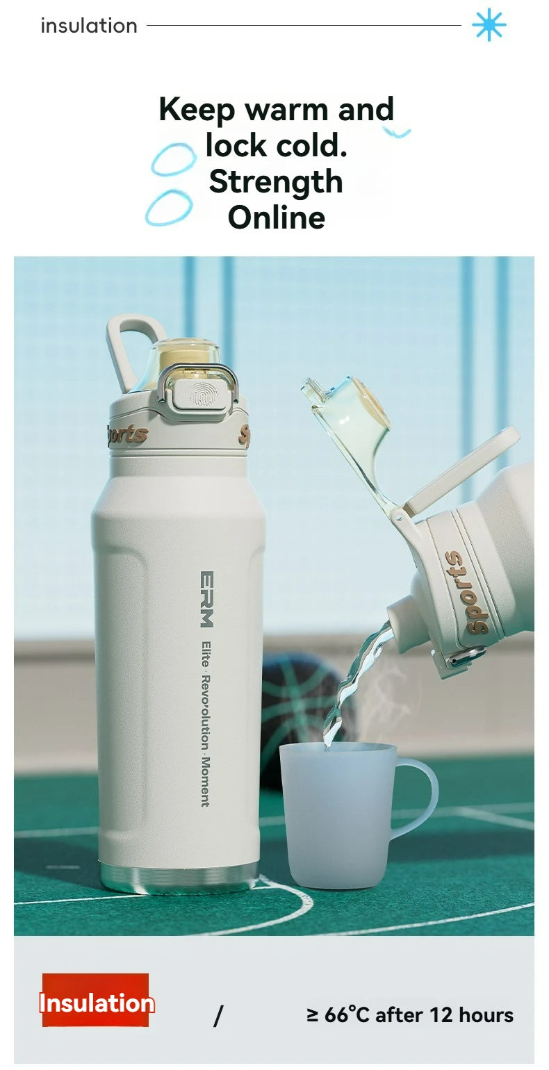 White 1.5L insulated sports water bottle with gold carry handle and screw lid